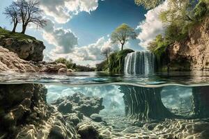 A magical underwater world with cascading waterfalls and trees submerged beneath the crystal-clear water, creating a dreamy, fantasy atmosphere photo