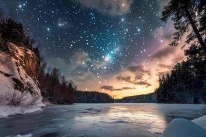 A breathtaking winter scene featuring a frozen lake under a starry night sky, creating a peaceful and serene atmosphere photo
