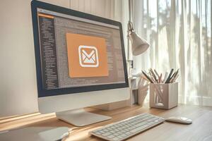 A close-up shot of a desktop setup featuring a computer, keyboard, and mouse, highlighting the tools used for email marketing campaigns in a professional workspace. photo