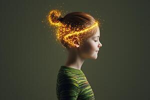 A cute little girl with a glowing brain, symbolizing the future of technology and brain enhancement, set against a dark, dramatic background, evoking a sense of innovation. photo