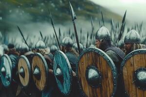 A group of medieval warriors dressed in armor, holding shields and spears, ready for battle in a historical setting, showcasing their strength and bravery. photo