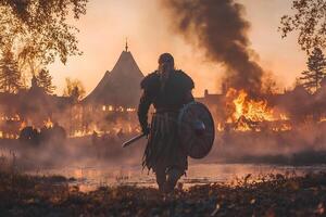 A brave medieval warrior clad in armor, holding a sword and shield, standing in a historic medieval village, evoking the spirit of ancient battles. photo