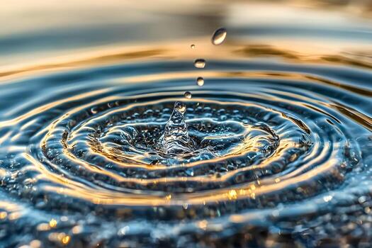 A close-up shot of a water drop creating a splash effect upon colliding with the water surface, capturing the dynamic moment and fluid motion in high detail. photo
