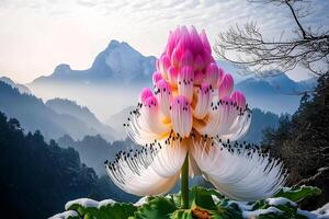 A beautiful pink and white lotus flower blooming in the morning, set against the backdrop of majestic mountains, creating a serene and tranquil atmosphere. photo