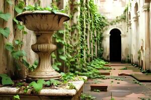 A charming garden scene featuring a stone vase with ivy creeping up the wall, creating a rustic, natural ambiance, with the green vines adding life to the stone structure. photo