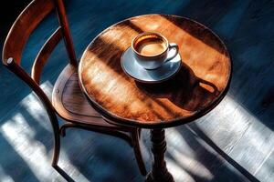 A cozy scene of a cup of coffee placed on a wooden chair, bathed in soft sunlight, with a selective focus highlighting the warmth and serenity of the moment. photo
