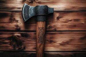 A sharp axe resting on a textured wooden background, creating a rustic and rugged atmosphere with natural wood grain details. photo