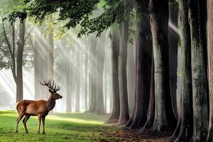 A serene scene of a deer wandering through a misty forest, with soft fog enveloping the trees, creating an ethereal atmosphere and capturing the tranquility of the wilderness. photo