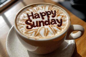 A warm cup of cappuccino with happy Sunday written on it, placed on a table in a cozy coffee shop, creating a relaxed and joyful atmosphere photo