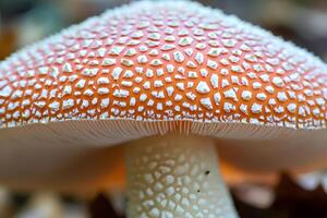 A close-up shot of the vibrant red Fly Agaric mushroom with its iconic white spots, set against a natural forest background, highlighting its distinct and captivating appearance photo