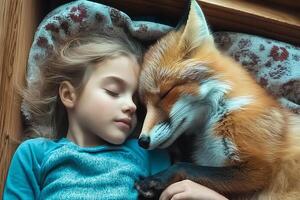 A heartwarming scene of a cute little girl peacefully sleeping in bed at home, surrounded by foxes curled up beside her, creating a cozy and magical atmosphere photo