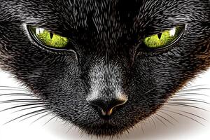 Close-up of a cat's face with striking green eyes, set against a clean white background, highlighting its beautiful features and expression photo