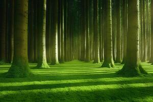 A serene morning scene in a lush green forest with tall trees bathed in sunlight, creating a peaceful and rejuvenating atmosphere photo