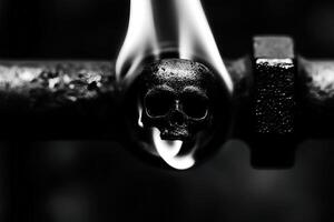 A striking black and white image of a skull placed on a gas burner, creating a dramatic and thought-provoking visual photo