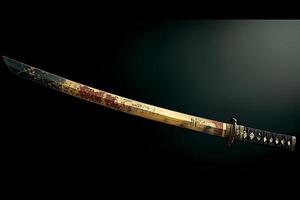 A striking image of a katana sword resting on a black background, highlighting its sharp blade and intricate hilt design photo