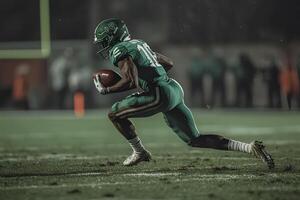 An American football player sprinting across the field, carrying the ball while defenders chase after him in an intense game moment photo