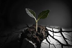 Small green sprout emerging from a crack in dry ground, symbolizing resilience, hope, and new beginnings photo