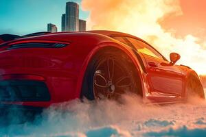 A futuristic, brand-less concept car parked in a snow-covered landscape, showcasing sleek design and innovation in a winter setting photo