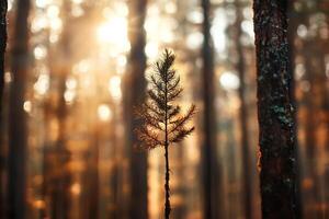 A breathtaking sunset in a pine forest, with golden sunbeams streaming through the trees, creating a warm and tranquil atmosphere photo
