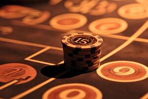 Close-up of a casino roulette table with colorful chips placed on the betting area, selective focus photo