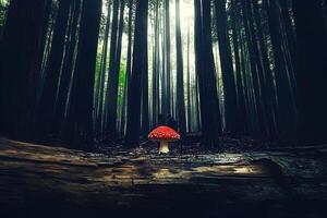 A captivating scene of an Amanita muscaria mushroom, known as Fly Agaric, standing out in the dark forest at dawn, with soft morning light filtering through the trees photo