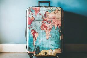 Retro travel suitcase with a world map design placed against a blue wall, symbolizing adventure and exploration photo