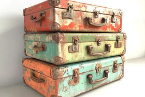 A set of three old vintage suitcases arranged on a clean white background, evoking a sense of travel and nostalgia photo