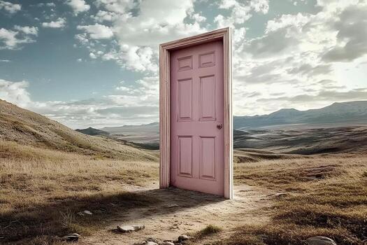 A surreal scene featuring an open door standing alone in the middle of a vast field, symbolizing new opportunities, mystery, and the unknown photo