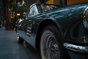 A collection of vintage cars parked in a row on a charming downtown street, highlighting classic design against a bustling city backdrop photo
