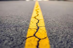 Close-up shot of a yellow line on an asphalt road, symbolizing direction, journey, and movement in a conceptual style photo