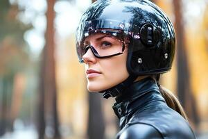 Confident biker woman wearing a helmet, glasses, and a black leather jacket, standing with a strong attitude photo