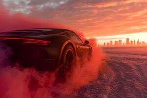 A sleek sport car driving through snow-covered terrain at sunset, with the warm glow of the setting sun casting dramatic shadows on the snowy landscape photo