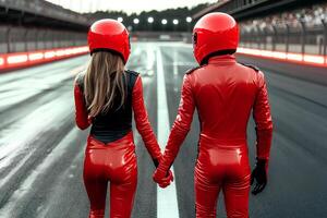 A touching moment captured from the rear view of two female friends dressed in matching red suits, standing back to back and holding hands, symbolizing unity and friendship photo