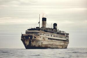 A vintage-style toned photograph of an old abandoned ship floating in the sea, evoking a sense of mystery and nostalgia photo