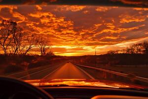 View from inside the car as it drives along a highway at sunset, with the warm colors of the sky reflecting through the windshield photo