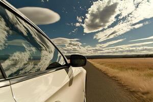 A car driving along a road, with fluffy clouds in the sky, capturing the essence of freedom and adventure in a travel setting photo