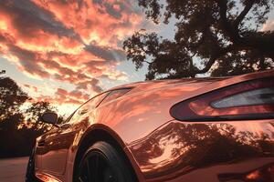 Close-up view of the rear of a sleek sports car with sunset light reflecting off its polished surface photo