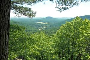 A stunning panoramic view from the top of a mountain, overlooking a vast valley and dense forest below. The natural beauty of the landscape stretches out in all directions photo