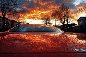 Stunning sunset viewed through the windshield of a red car, with vibrant orange clouds in the sky, creating a dramatic and colorful scene photo