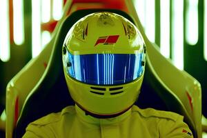 Close-up of a racing car helmet with a hangman figure inside, creating a striking visual photo