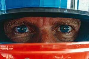 A close-up portrait of a man with striking blue eyes, seated in a race car, fully focused and ready for action on the racetrack photo