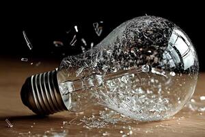 A broken light bulb on a wooden table, symbolizing the disruption of an idea, yet also representing creativity and innovation in a subtle way photo