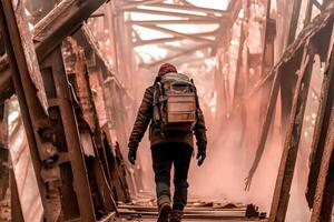 A man wearing a jacket and hat, holding a radio, walking across an old railway bridge, evoking a sense of nostalgia and adventure photo