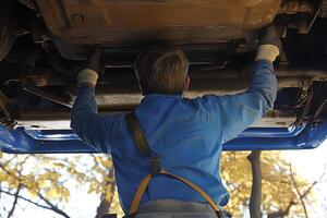 A mechanic working on a car lifted on a stand in an autumn park, surrounded by colorful fall foliage, blending nature with automotive work photo