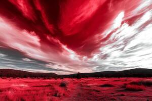 A breathtaking red sunset casting vibrant colors over a peaceful meadow, with a dramatic sky adding to the beauty of the scene photo