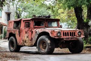 An old, rusty off-road car parked in the city, with a selective focus that highlights its worn-out appearance and urban setting photo