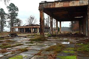 The remains of a collapsed gas station in the distance, showcasing decay and abandonment photo