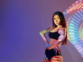 A woman in a bikini posing in front of a colorful light photo