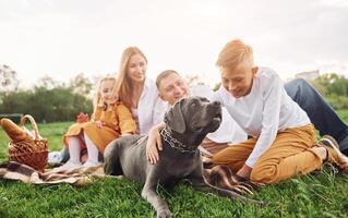 A family sitting on the grass with their dog photo