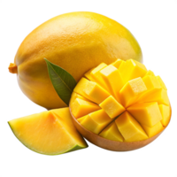 one mango with the slices of mango is isolated on transparent background png
